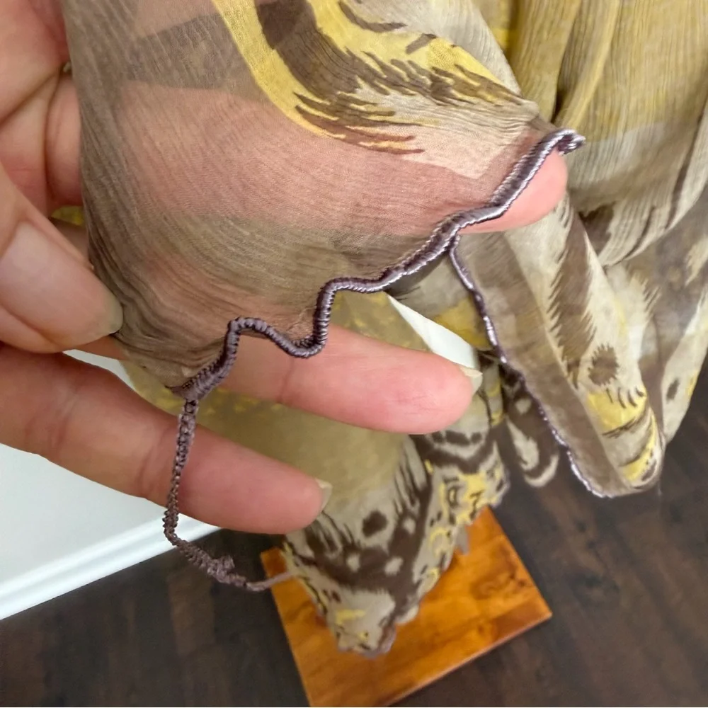 Silk Scarf Floral Aztec Ethnic Print Boho Bohemian Lightweight Yellow Taupe